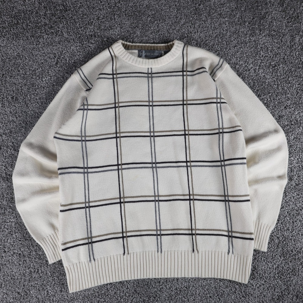 Oscar de la Renta Mens Large Plaid Crewneck Sweater Cream Cotton Knit Pullover‎